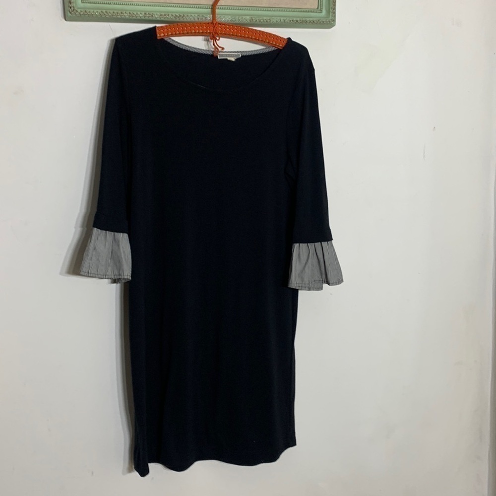 Pleione long sleeve shift dress peplum ruffle sleeve detail navy blue medium